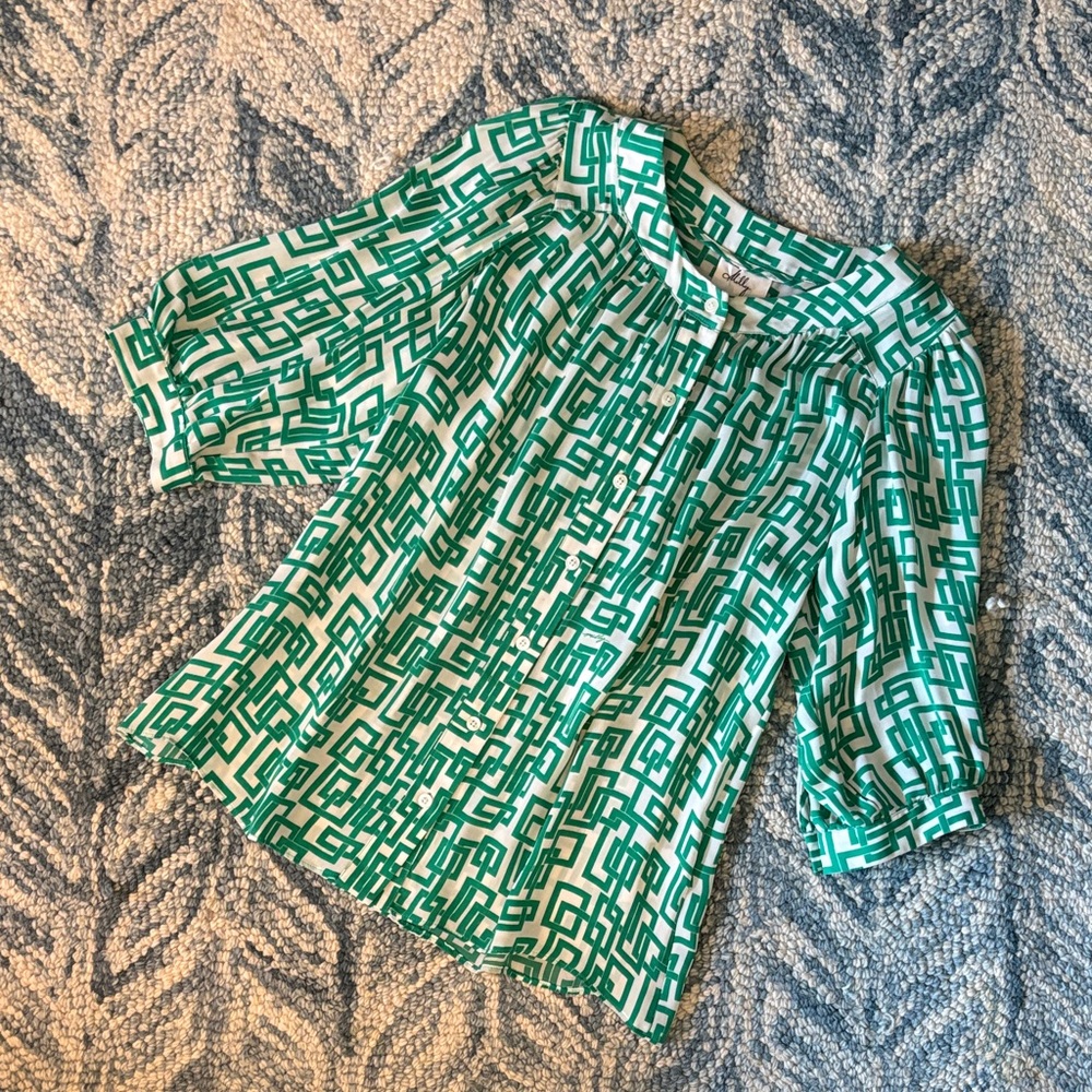 Milly Green and White Patterned Silk Top